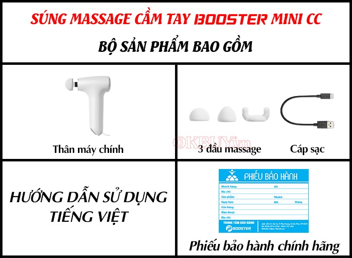 Bộ sản phẩm bao gồm của súng massage cầm tay Booster Mini CC