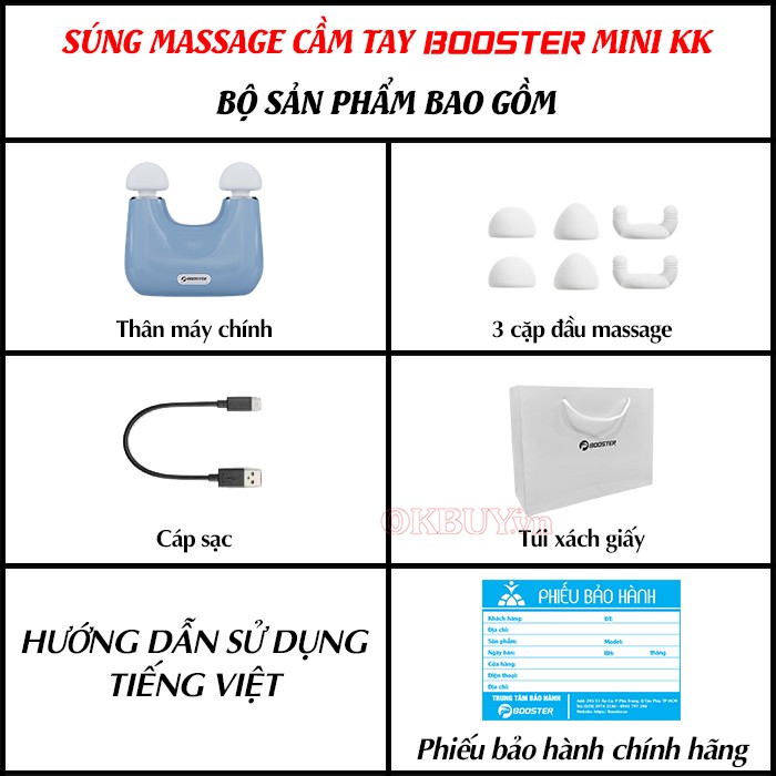 Bộ sản phẩm gồm có của súng massage cầm tay Booster Mini KK