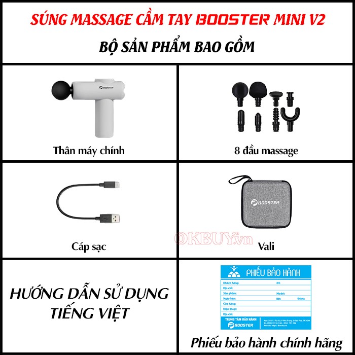 Bộ sản phẩm bao gồm của súng massage Booster Mini V2 8 đầu