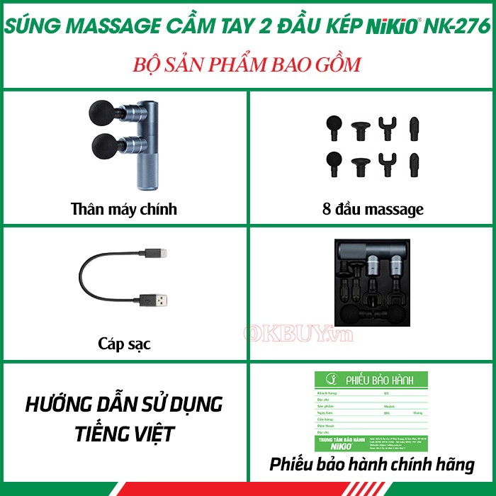  Bộ sản phẩm bao gồm của súng massage cầm tay 2 đầu kép Nikio NK-276