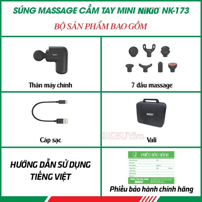  Bộ sản phẩm bao gồm của máy massage cầm tay mini có đầu nóng Nikio NK-173