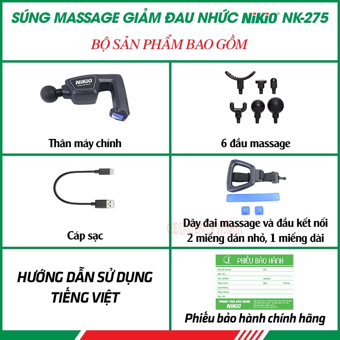  Bộ sản phẩm bao gồm của súng massage giảm đau nhức mỏi, giãn cơ toàn thân thế hệ mới Nikio NK-275