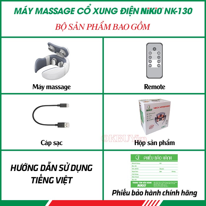  Bộ sản phẩm bao gồm của máy massage cổ 4 điện cực xung điện trị liệu Nikio NK-130