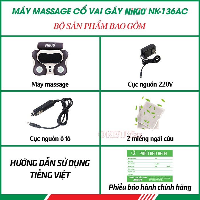  Bộ sản phẩm bao gồm của máy massage lưng, cổ đấm bóp hồng ngoại Nikio NK-136AC