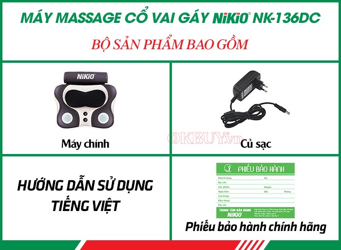  Bộ sản phẩm bao gồm của máy massage lưng, cổ đấm bóp hồng ngoại pin sạc Nikio NK-136DC
