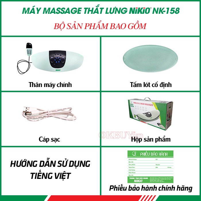 Bộ sản phẩm bao gồm của máy massage thắt lưng và kéo giãn cột sống lưng pin sạc Nikio NK-158