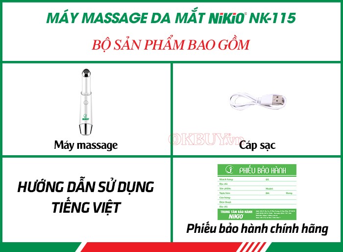 Bộ sản phẩm gồm có của máy massage da mắt Nikio NK-115