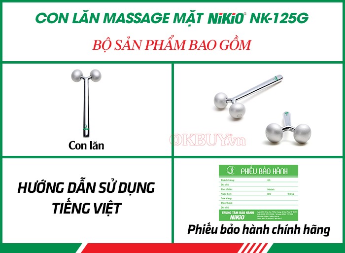 Bộ sản phẩm gồm có của máy con lăn massage mặt Nikio NK-125G