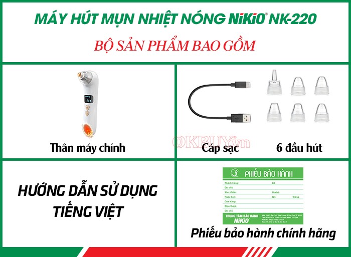 Bộ sản phẩm bao gồm của máy hút mụn kết hợp massage nhiệt nóng Nikio NK-220