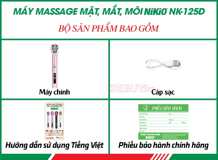 Bộ sản phẩm của máy massage mặt mắt môi Nikio NK-125D