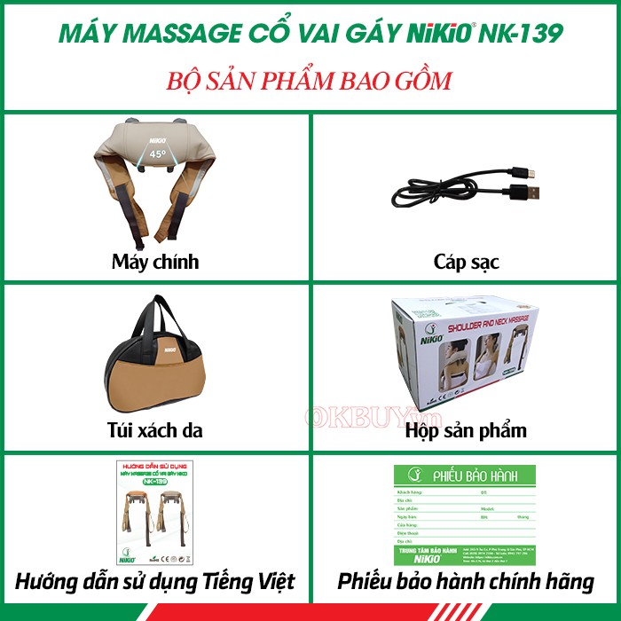 Bộ sản phẩm bao gồm của máy massage cổ vai gáy Nikio NK-139