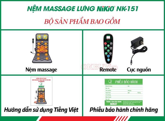  Bộ sản phẩm bao gồm của nệm massage lưng nhiệt nóng Nikio NK-151