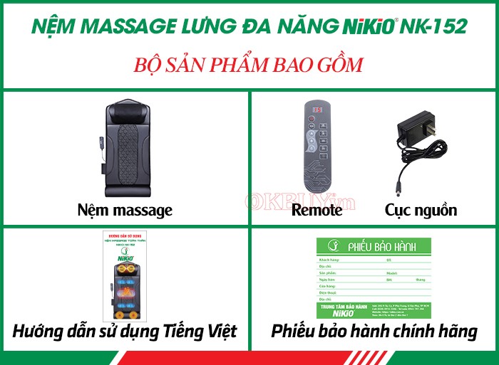  Bộ sản phẩm bao gồm của nệm massage lưng đa năng Nikio NK-152