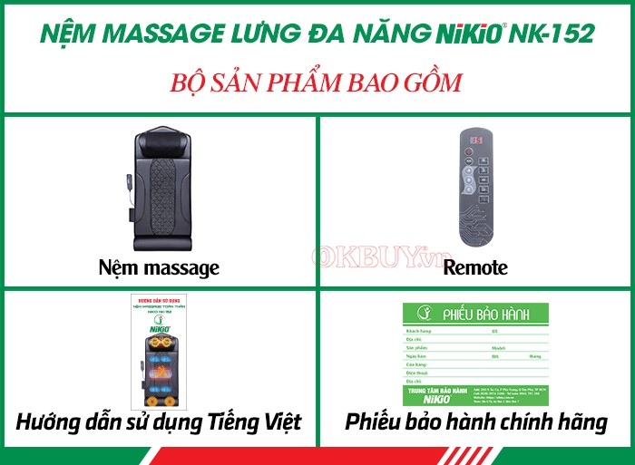  Bộ sản phẩm bao gồm của nệm massage lưng đa năng Nikio NK-152