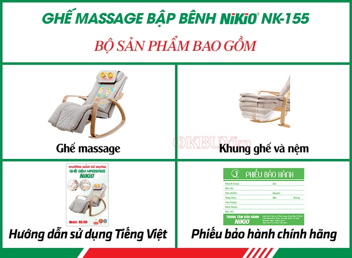 Bộ sản phẩm bao gồm của massage toàn thân bập bênh thư giãn Nikio NK-155