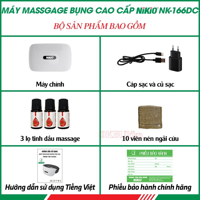 Bộ sản phẩm bao gồm máy massage bụng cao cấp Nikio NK-166DC