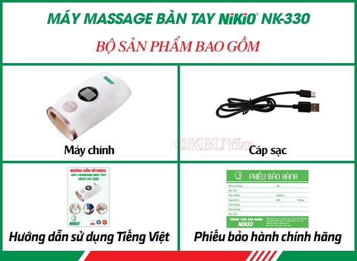 Bộ sản phẩm gồm có của máy massage bàn tay Nikio NK-330