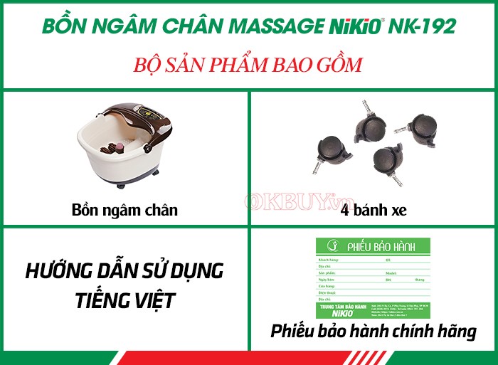 Bộ sản phẩm bao gồm của bồn ngâm chân massage hồng ngoại sụt khí Nikio NK-192