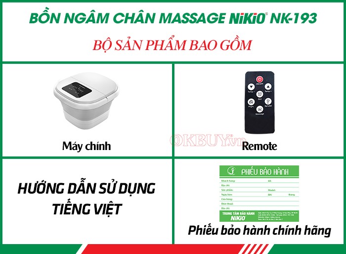 Bộ sản phẩm bao gồm của bồn ngâm chân massage gấp gọn Nikio NK-193