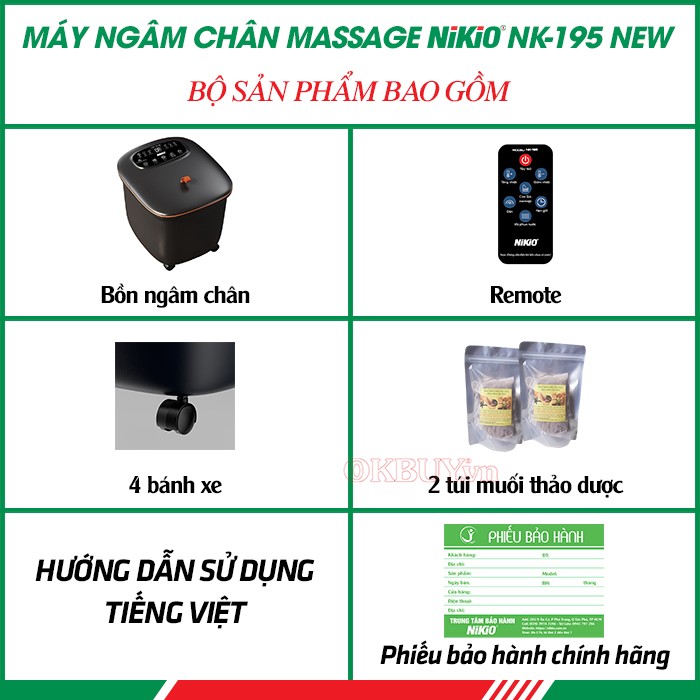 Bộ sản phẩm bao gồm của bồn ngâm chân massage Nikio NK-195 New