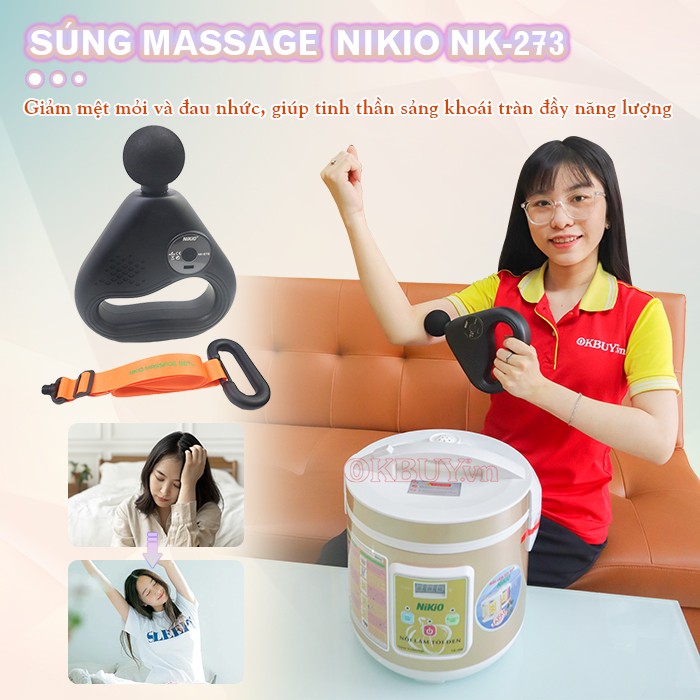 Bộ sản phẩm chăm sóc sức khỏe - nồi làm tỏi đen Nikio NK-688 và súng massage Nikio NK-273 giảm đau mỏi cơ thể với súng massage Nikio