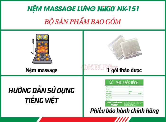  Bộ sản phẩm bao gồm của nệm massage lưng nhiệt nóng Nikio NK-151