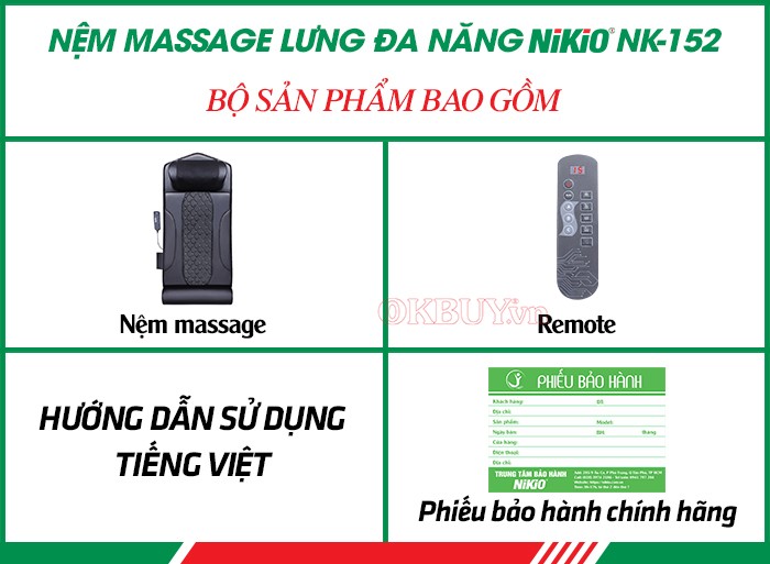  Bộ sản phẩm bao gồm của nệm massage lưng đa năng Nikio NK-152
