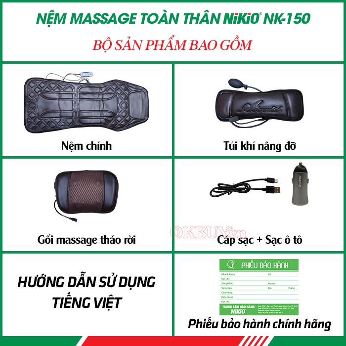 Bộ sản phẩm gồm có của nệm massage toàn thân Nikio NK-150