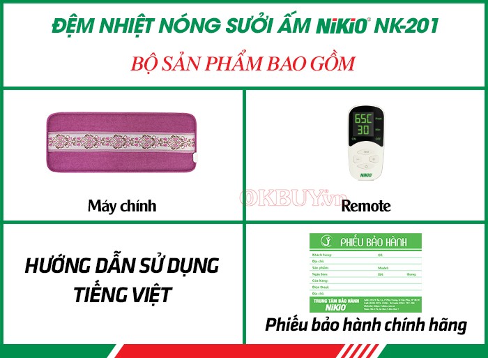 Bộ sản phẩm bao gồm của đệm nhiệt nóng sưởi ấm Nikio NK-201