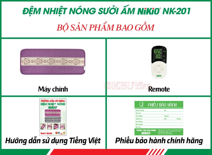 Bộ sản phẩm bao gồm của đệm nhiệt nóng sưởi ấm Nikio NK-201