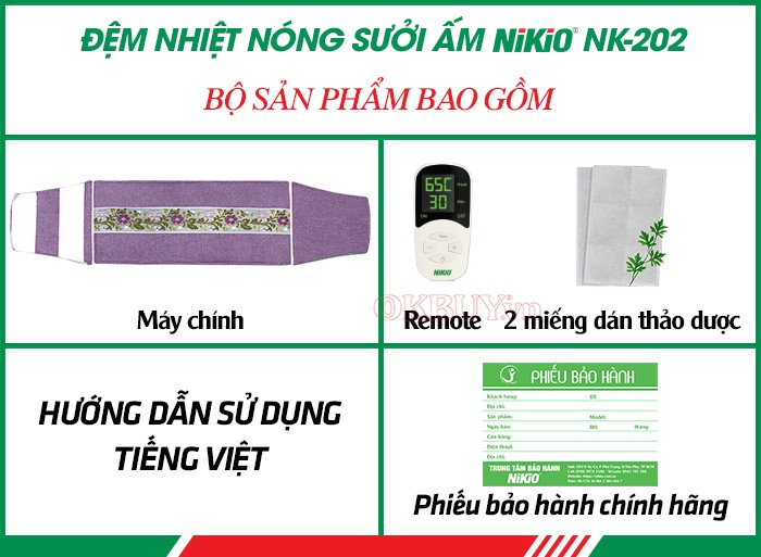 Bộ sản phẩm gồm có của đệm nhiệt nóng sưởi ấm Nikio NK-202