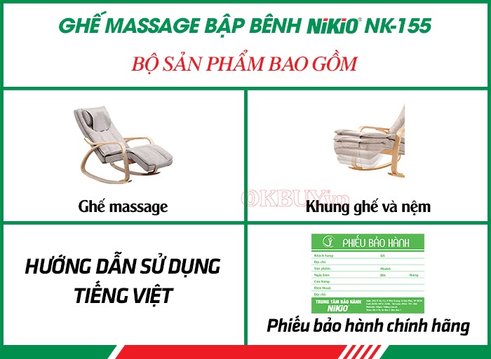 Bộ sản phẩm bao gồm của massage toàn thân bập bênh thư giãn Nikio NK-155