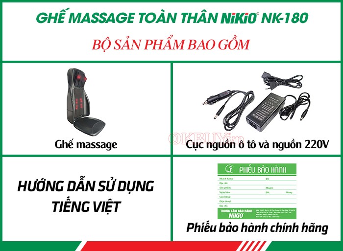 Bộ sản phẩm bao gồm của ghế đệm massage lưng cổ vai gáy hồng ngoại Nikio NK-180