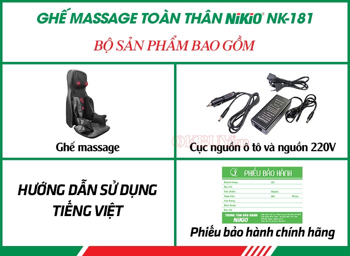 Bộ sản phẩm bao gồm của ghế đệm massage ô tô nhiệt hồng ngoại cao cấp Nikio NK-181