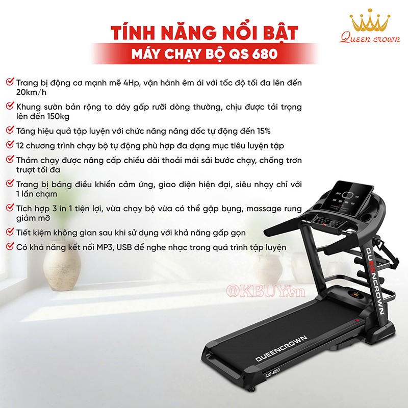 Máy chạy bộ tính năng nổi bật Queen Crown QS 680