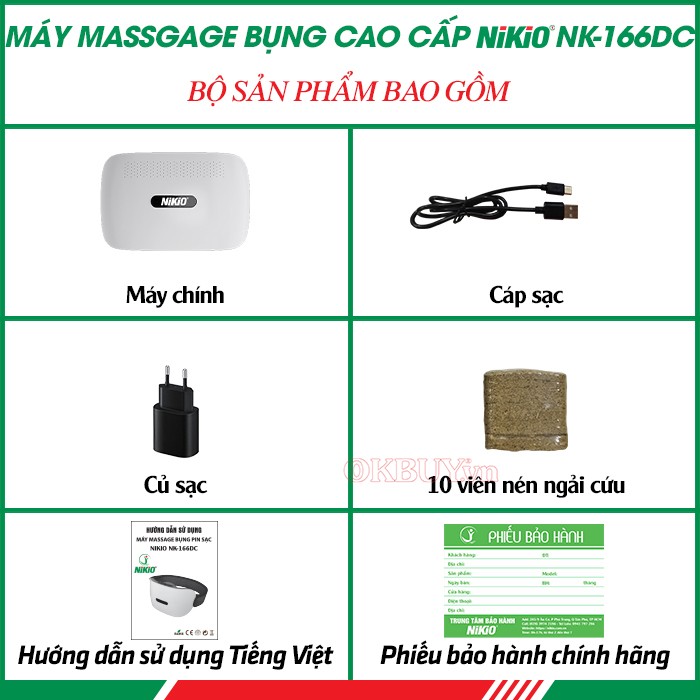 Bộ sản phẩm bao gồm máy massage bụng cao cấp Nikio NK-166DC