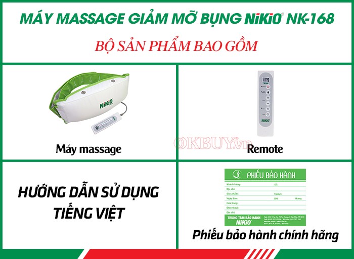 Bộ sản phẩm bao gồm của máy massage giảm mỡ bụng Nhật Bản Nikio NK-168 Rung và Nóng