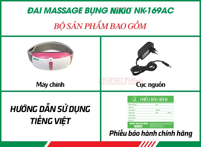 Bộ sản phẩm bao gồm của đai (máy) massage bụng rung lắc và xoay giảm mỡ thừa Nikio NK-169