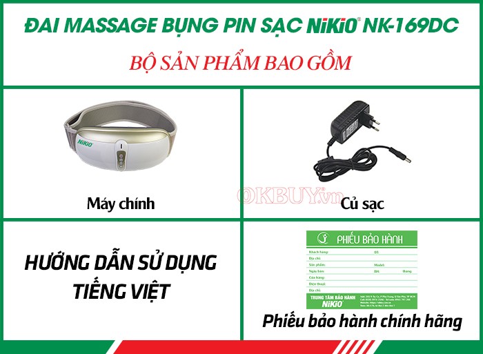 Bộ sản phẩm bao gồm của đai (máy) massage bụng rung lắc và xoay giảm mỡ thừa Nikio NK-169DC