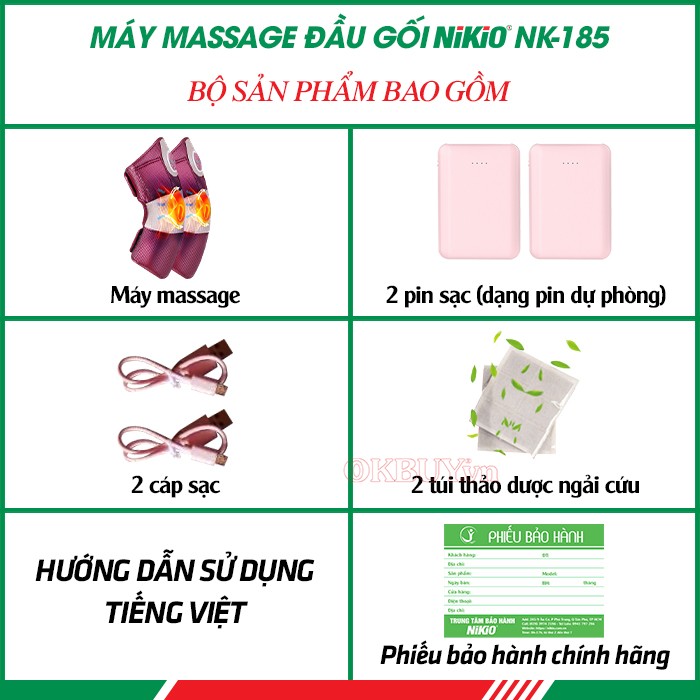 Bộ sản phẩm gồm có của máy massage đầu gối Nikio NK-185