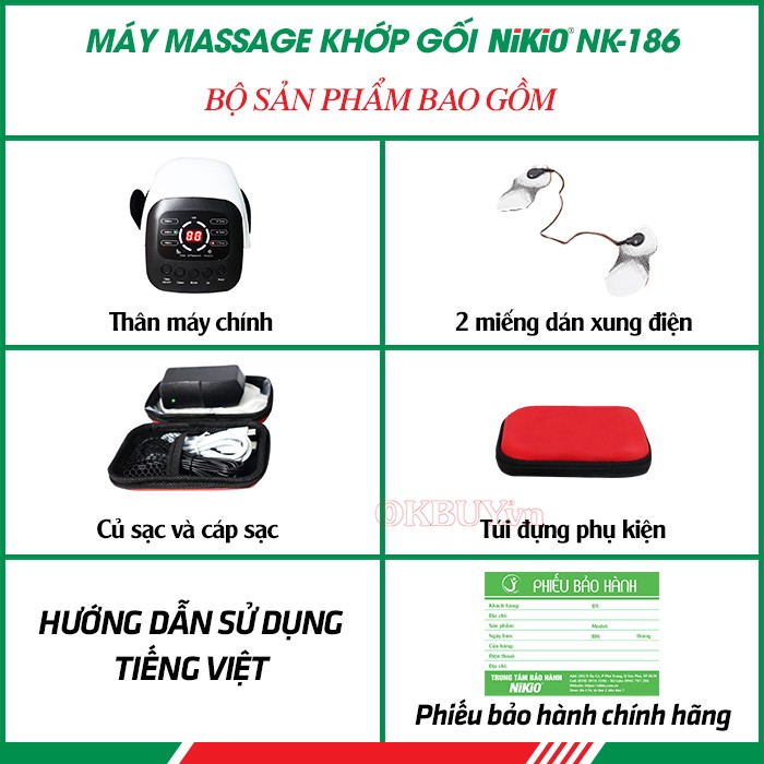  Bộ sản phẩm bao gồm của máy massage khớp gối cao cấp Nikio NK-186