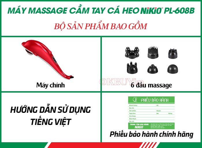 Bộ sản phẩm của máy massage cầm tay cá heo Nikio PL-608B