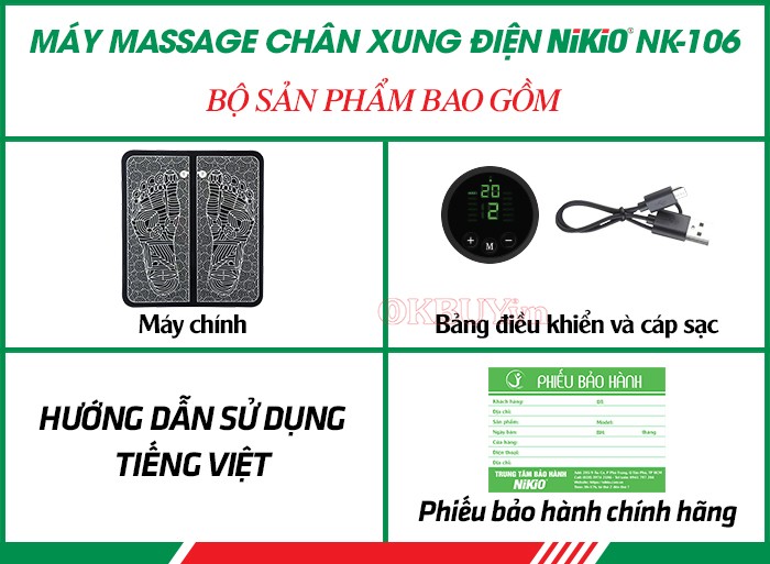 Bộ sản phẩm của máy massage chân xung điện Nikio NK-106