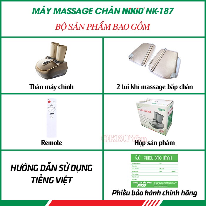 Bộ sản phẩm bao gồm của máy massage chân Nikio NK-187