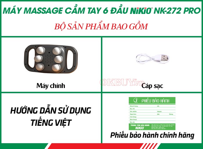 Bộ sản phẩm bao gồm của máy massage cầm tay Nikio NK-272 pro