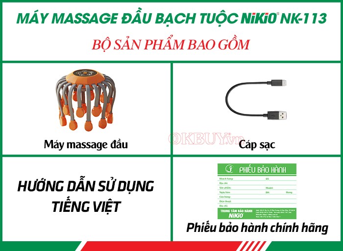  Bộ sản phẩm bao gồm của máy massage đầu bạch tuộc 20 chân Nikio NK-113