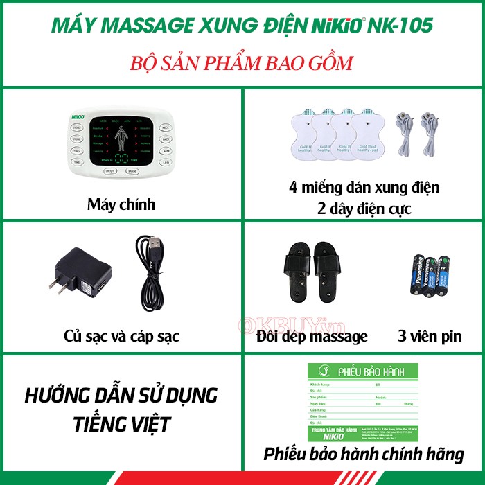  Bộ sản phẩm bao gồm của máy massage xung điện trị liệu lòng bàn chân Nikio NK-105