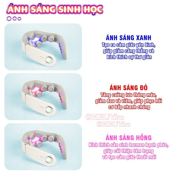 máy massage cổ Nikio NK-131 có chức năng ánh sáng sinh học đa màu sắc gồm xanh đỏ và hồng