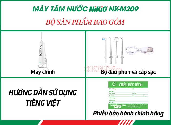 Bộ sản phẩm bao gồm của máy tăm nước Nikio NK-M209