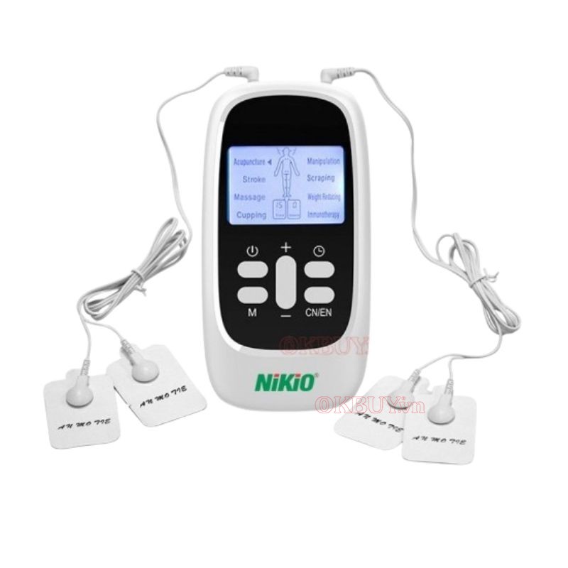 Máy châm cứu xung điện Nikio NK-100 có bốn miếng dán với 8 chế độ mát xa linh hoạt